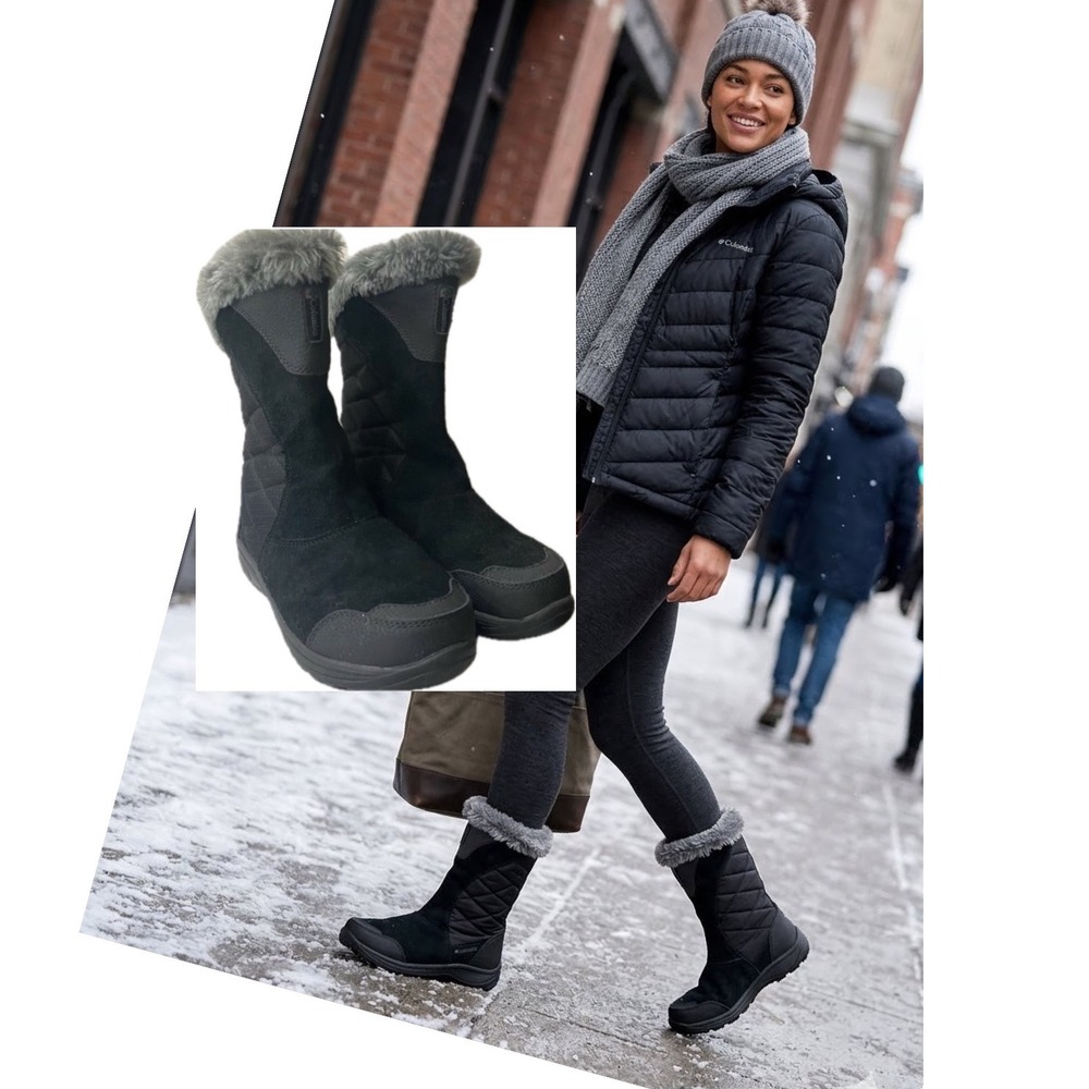 Columbia Ice Maiden II Black Waterproof Winter Snow Boots Faux Fur 200g Sz 7